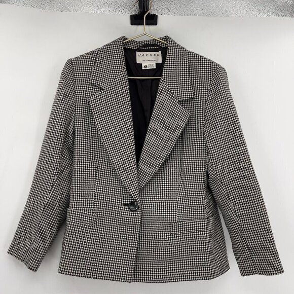 Jaeger Women's Wool Houndstooth Black/White One Button Front Long Sleeve Blazer - Picture 1 of 7